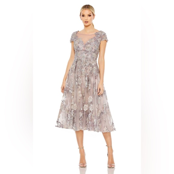 Mac Duggal STYLE# 20315 Sheer Neckline Floral Dress, EMBELLISHED CAP SLEEVE SZ 6 - Picture 1 of 8